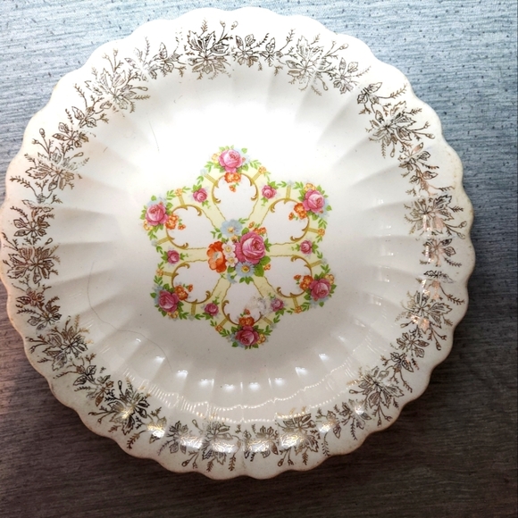Franklinware Ivory 22K Gold Fluted Bowl/ Dish Pink Rose Center Pattern 8" - Picture 1 of 8
